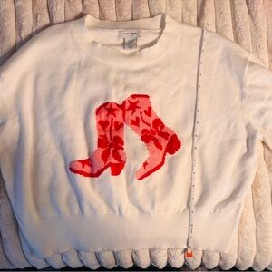 CUTE Valentine’s Day cropped White Sweater w/Red Hearts in Pink Cowgirl boots!